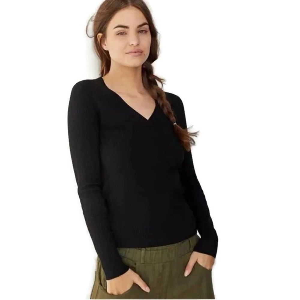 Maeve by Anthropologie Black Thea Ribbed V-Neck Pullover Sweater Large